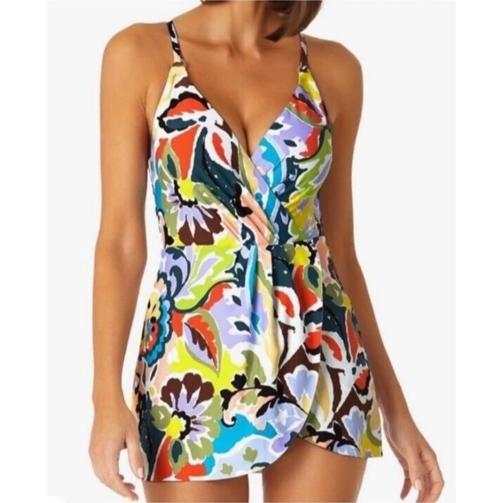 NWT Anne Cole Tropical‎ Bloom Surplice Swimdress Size 16- Floral One Piece